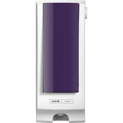 A wall-mounted CWS toilet seat cleaner dispenser with a white body and a dark purple CWS front panel for SeatCleaner, featuring the "CWS Hygiene" logo at the bottom edge.