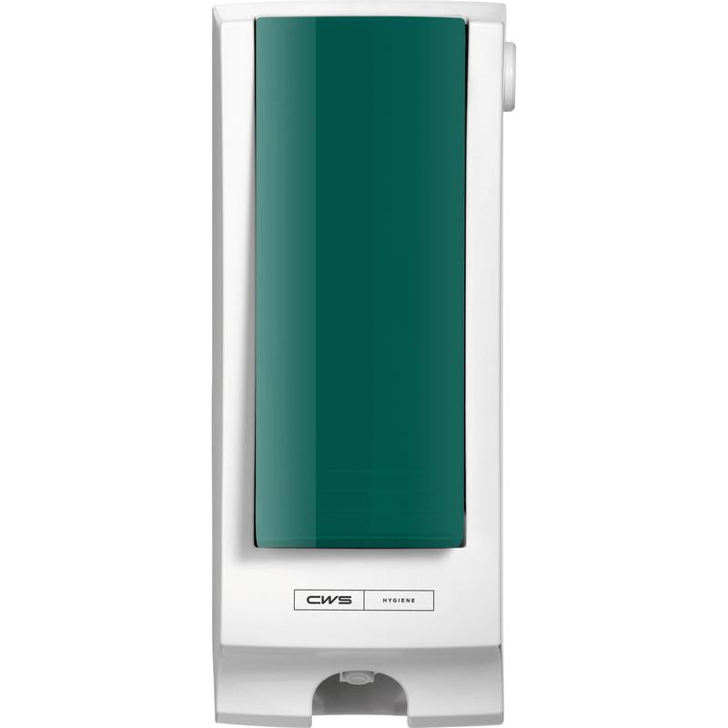 CWS Frontpanel für Toilettensitzreiniger-Spender SeatCleaner für die Wandmontage mit grüner Front, weißem Rahmen, Druckfläche für die Entnahme am Boden und CWS Hygiene"-Etikett.