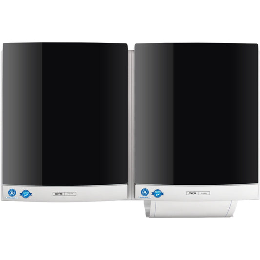 Zwei schwarz-silberne CWS Frontpanel für Stoffhandtuchspender DUO von CWS werden nebeneinander an der Wand montiert und tragen jeweils einen blauen Zertifizierungsaufkleber in der linken unteren Ecke, um eine hygienische Nutzung zu gewährleisten.