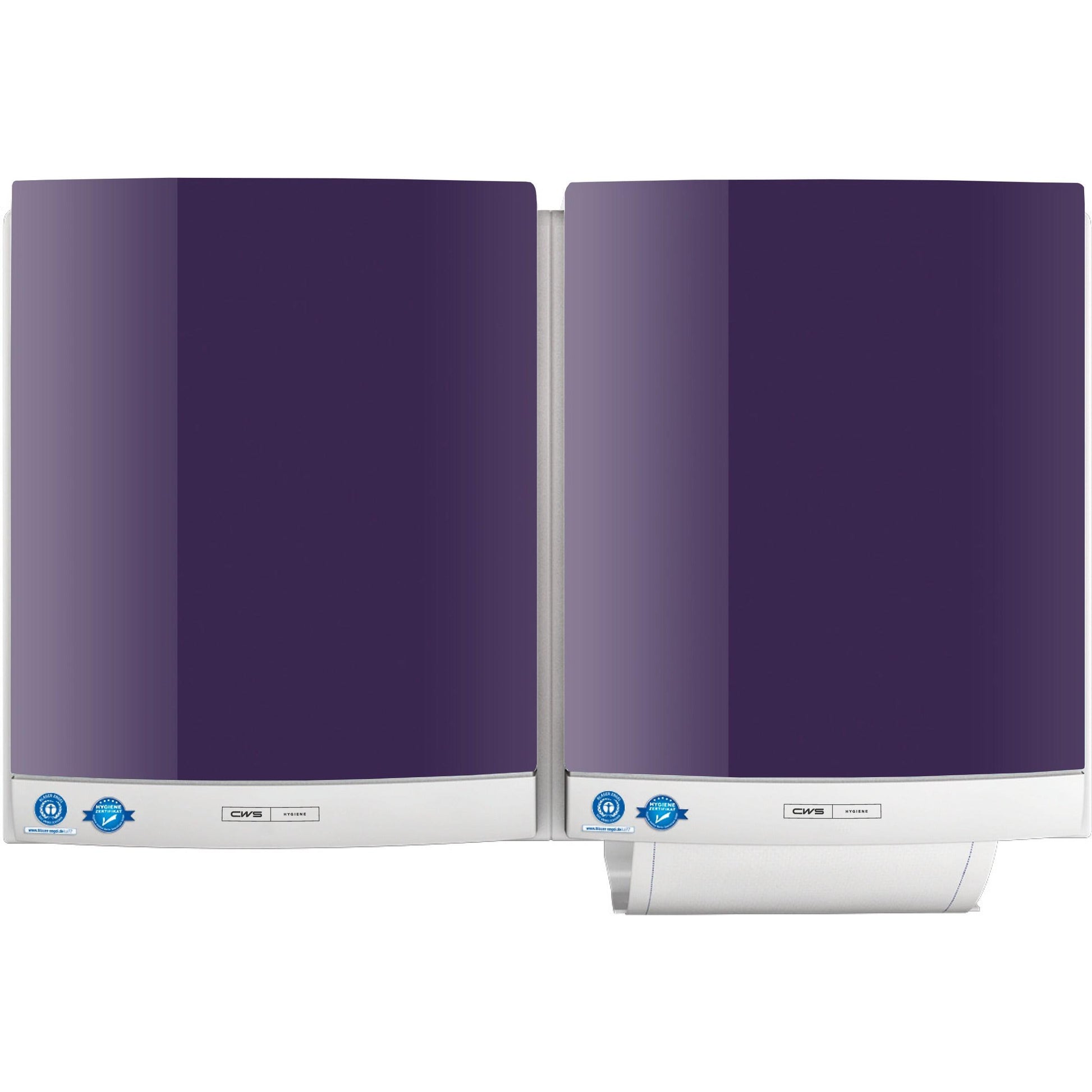 Zwei nebeneinander an der Wand montierte CWS Frontpanel für Stoffhandtuchspender DUO haben glänzende lila Fronten, weiße Sockel und blaue Zertifizierungsetiketten an den unteren linken Ecken für eine einfache Handtuchausgabe.