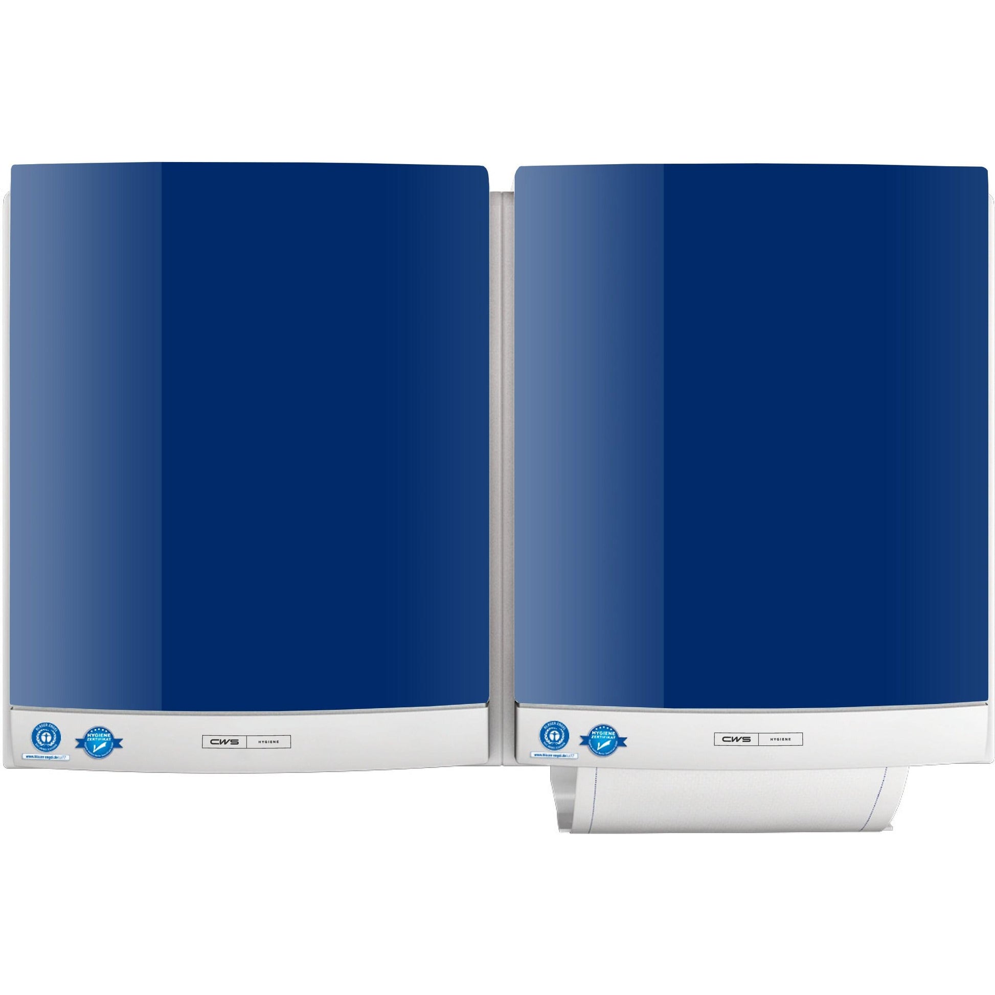 Ein Paar CWS Frontpanel für Stoffhandtuchspender DUO von CWS, wandmontiert in blau und weiß, mit sichtbaren Bedienfeldern und Zertifizierungsaufklebern, konzipiert für den hygienischen Einsatz.