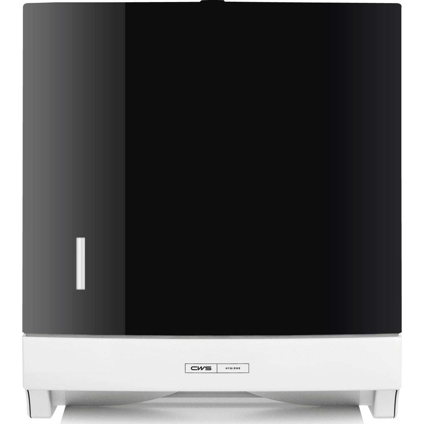 A rectangular white-black CWS front panel for the Paper Slim paper towel dispenser by CWS with a glossy surface, a small vertical handle on the left side, and a "CWS HYWIPE" label near the base.