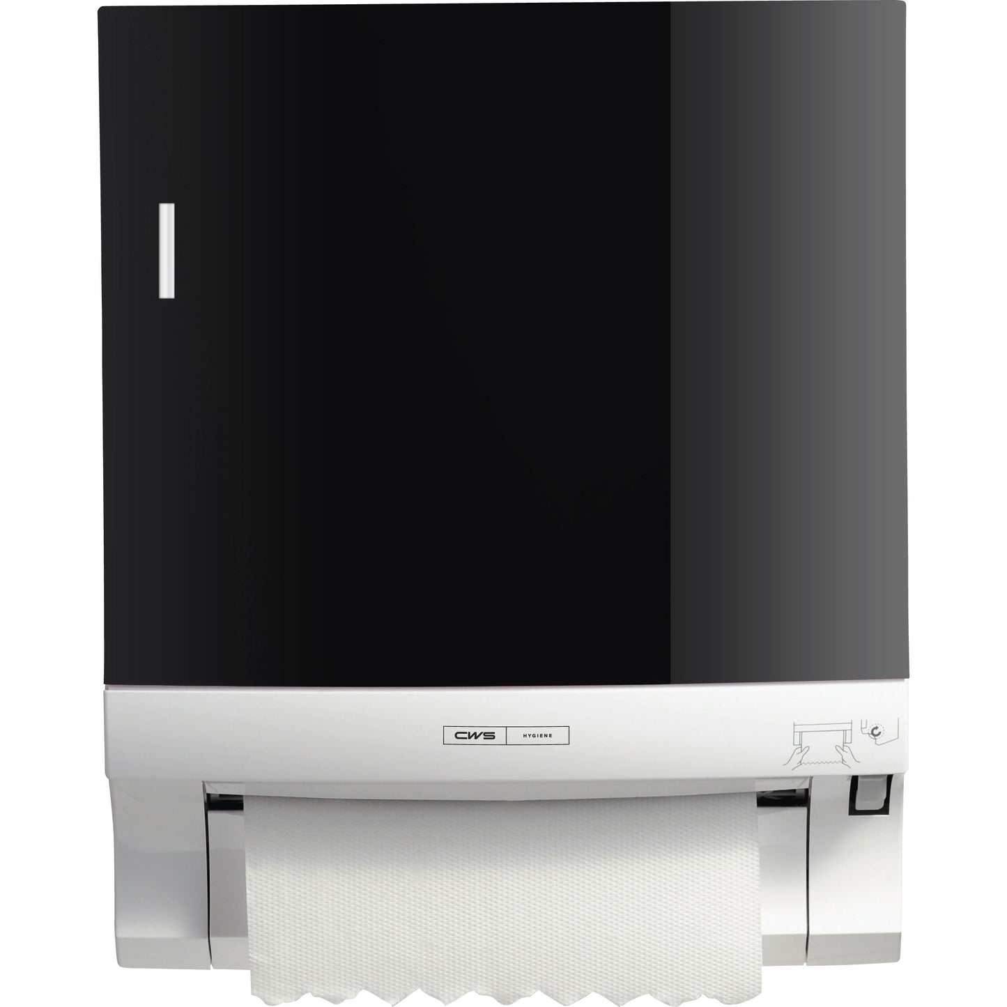 The CWS front panel for Paperroll paper towel dispensers is a black and white wall dispenser with visible towel paper, small graphics, and the CWS brand label on the front - perfect for optimizing washrooms.