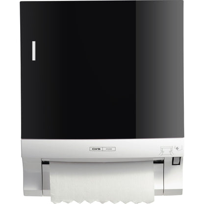 The CWS front panel for Paperroll paper towel dispensers is a black and white wall dispenser with visible towel paper, small graphics, and the CWS brand label on the front - perfect for optimizing washrooms.