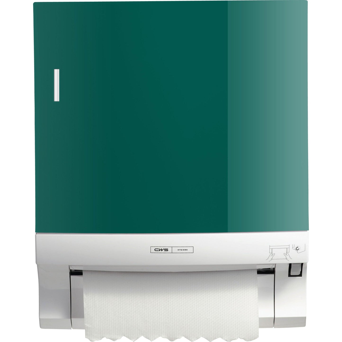 The CWS front panel for Paperroll paper towel dispensers in green and white features a vertical slot, a subtle logo, and partially dispensed towels - perfect for efficient washroom optimization.