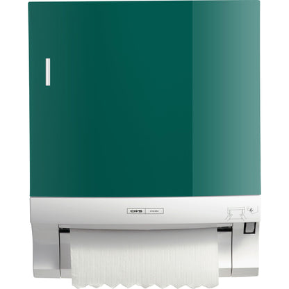 The CWS front panel for Paperroll paper towel dispensers in green and white features a vertical slot, a subtle logo, and partially dispensed towels - perfect for efficient washroom optimization.