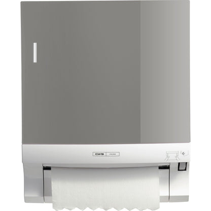 The wall-mounted CWS front panel for Paperroll paper towel dispensers from CWS shows a partially pulled-out sheet and an instruction symbol, making it ideal for efficient washroom optimization.