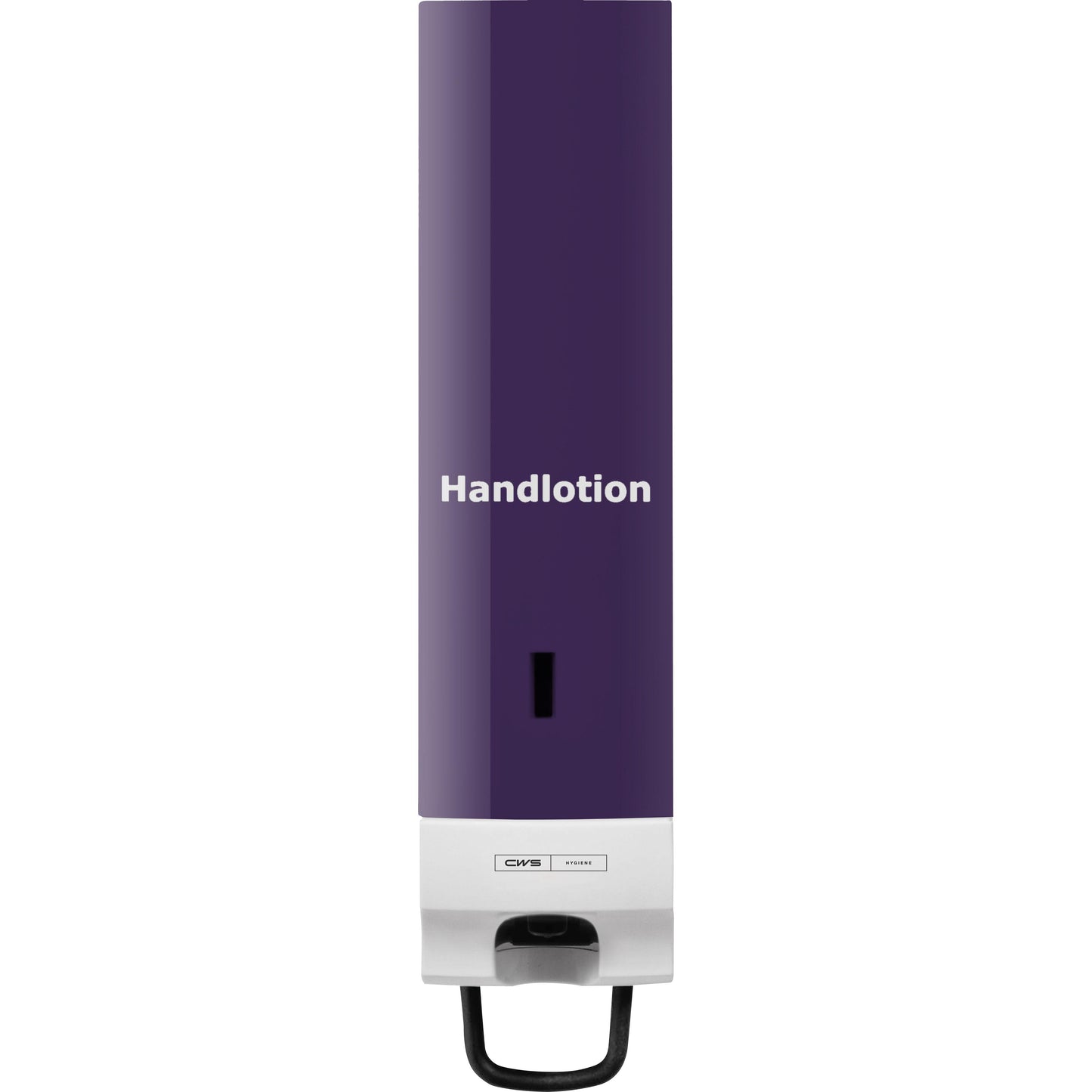 The CWS front panel for Foam Slim soap foam dispensers has a purple "Hand lotion" top and a white bottom with levers, creating an elegant look for any room.
