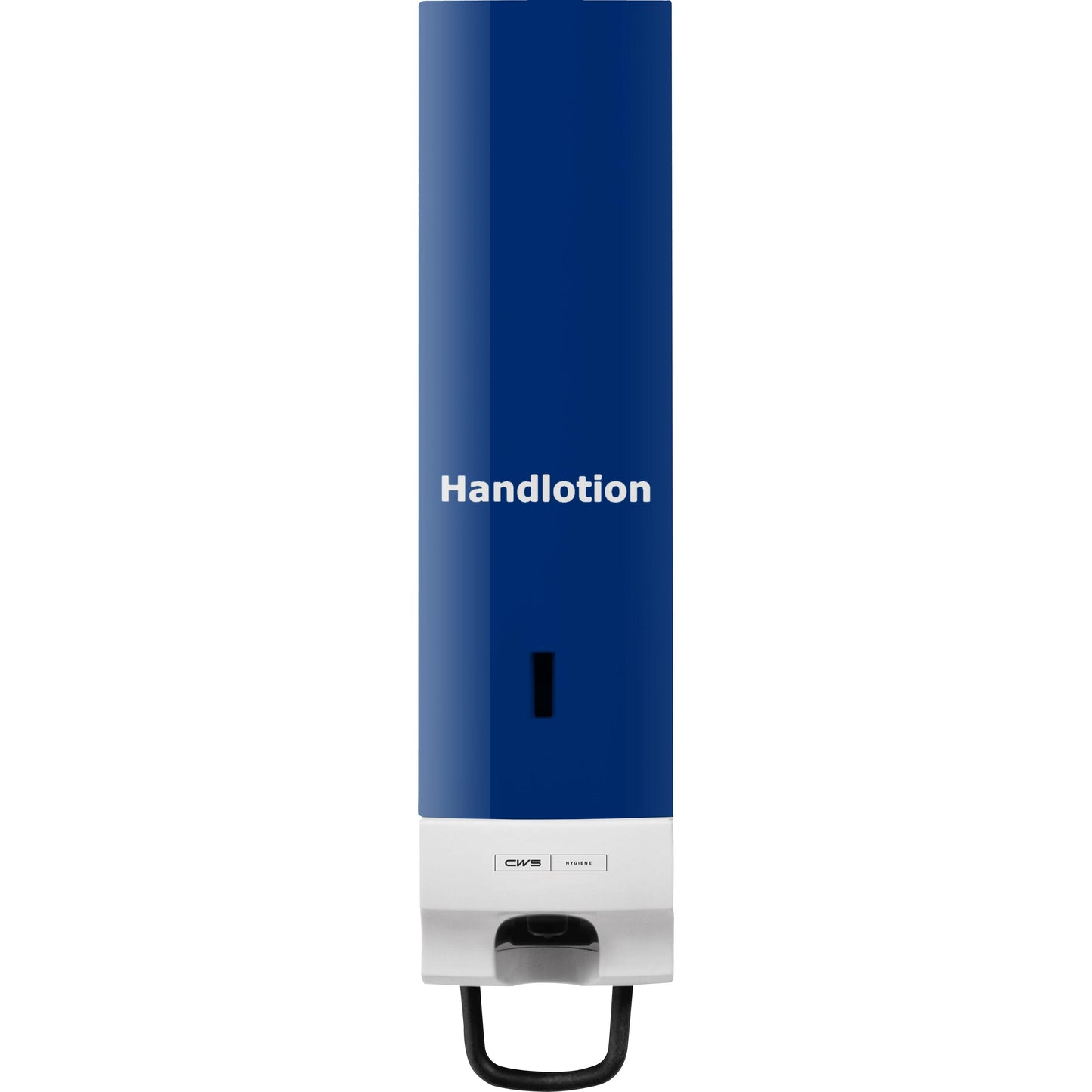 The CWS front panel for Foam Slim soap foam dispensers is a blue-white wall dispenser with an elegant design, white lettering "Hand lotion", and a lever at the bottom for dispensing.