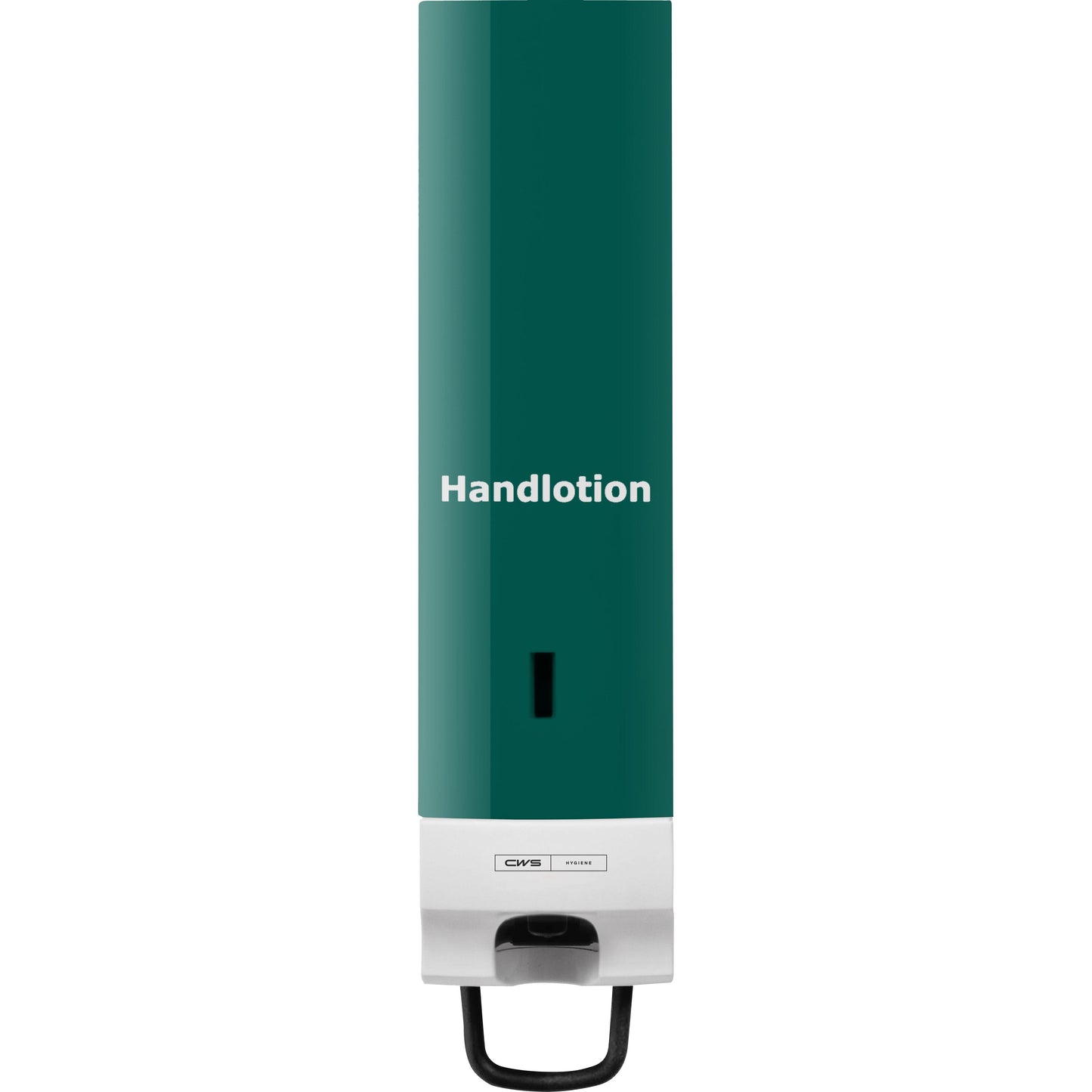 The CWS front panel for Foam Slim soap foam dispensers is a wall-mounted dispenser with a green lid and white lettering "Hand lotion", a viewing window for the contents, elegant CWS design, and a push lever at the bottom for easy operation.