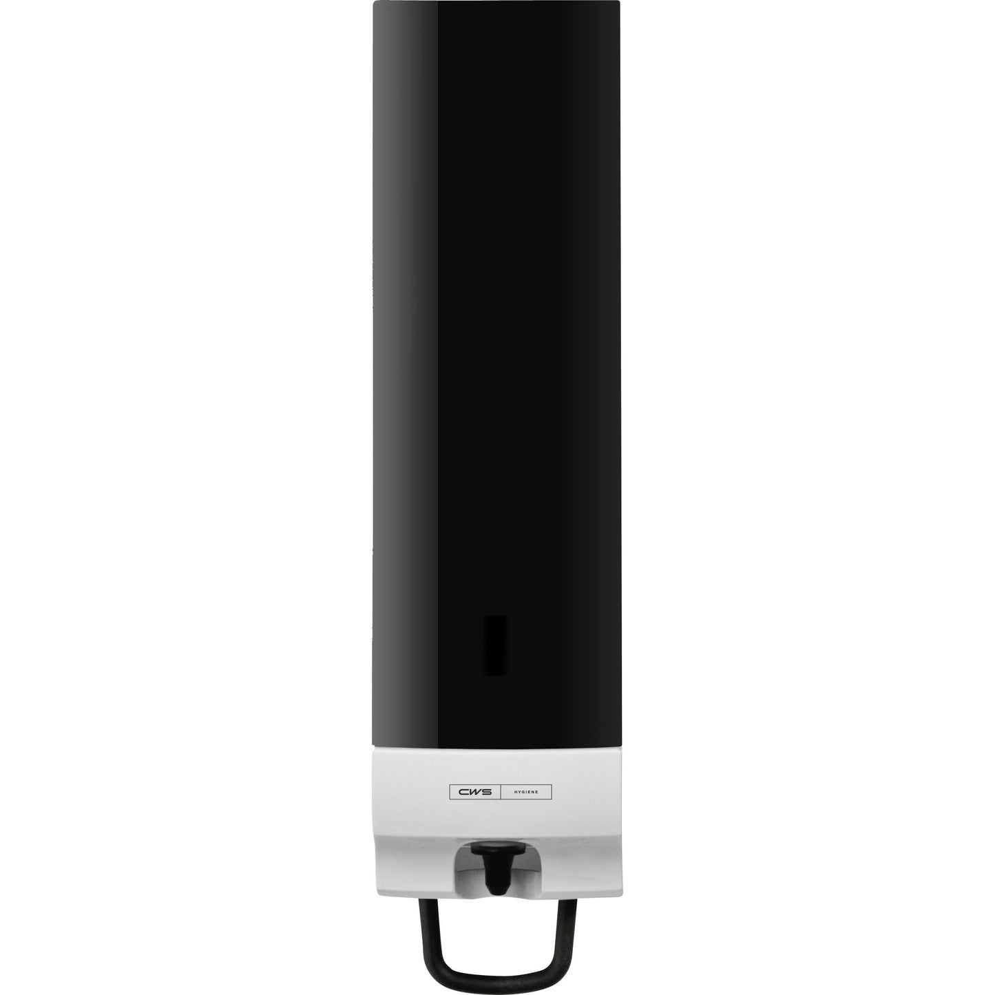 A wall-mounted, black and white CWS front panel for Foam Slim Non-Touch soap foam dispensers features a push lever at the bottom and bears the brand name "CWS."