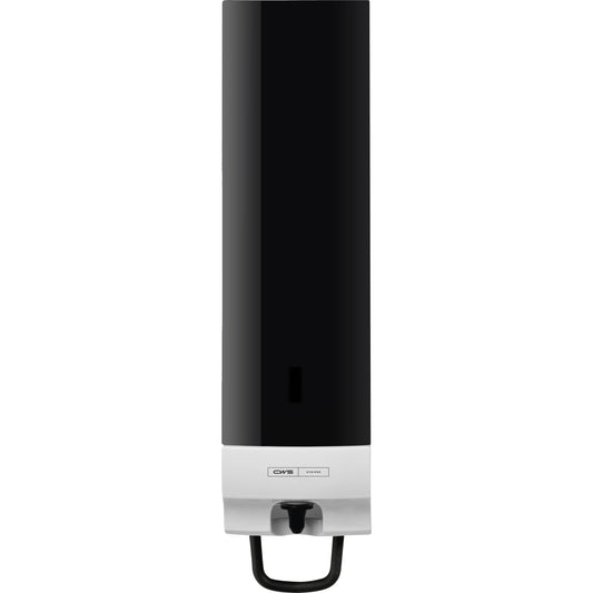 Ein wandmontiertes, schwarz-weißes CWS Frontpanel für Seifenschaumspender Foam Slim Non-Touch verfügt über einen Druckhebel an der Unterseite und trägt den Markennamen "CWS".