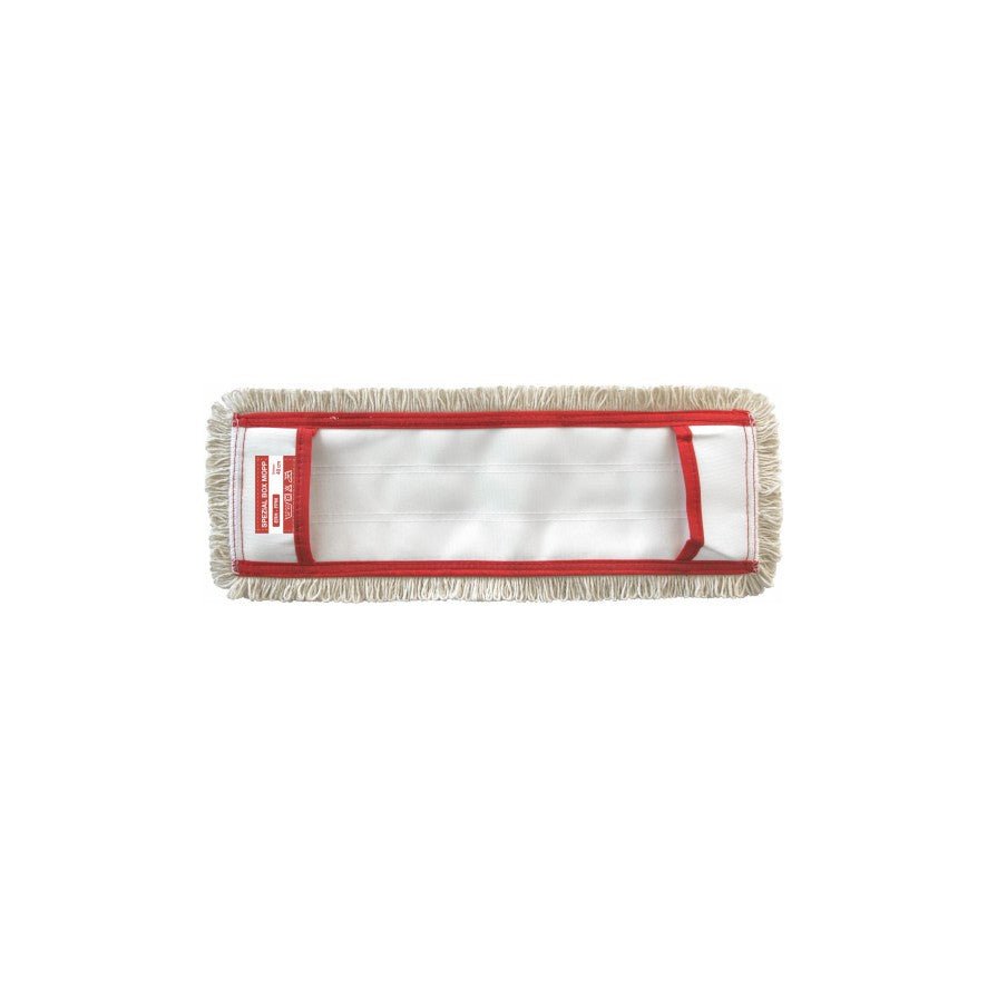 The Arcora Flat Press Mop Special Box Mop Fpm-Erh with Cover Sheet by Arcora International GmbH is a rectangular cleaning mop with beige fringes, white center, red border, and a red label on the left side, ideal for efficient floor cleaning on a solid white background.