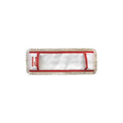 The Arcora Flat Press Mop Special Box Mop Fpm-Erh with Cover Sheet by Arcora International GmbH is a rectangular cleaning mop with beige fringes, white center, red border, and a red label on the left side, ideal for efficient floor cleaning on a solid white background.