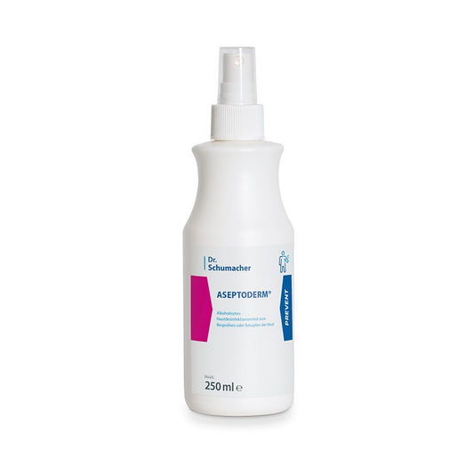 Weiße 250-ml-Sprühflasche der Dr. Schumacher GmbH mit der Aufschrift "Dr. Schumacher Aseptoderm" zur Haut- und Händedesinfektion, mit blauen und rosa Akzenten, deutschem Text und einem Personensymbol auf dem Etikett.