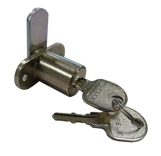 Abgebildet ist ein Novocal Zylinderschloss für Tür oder Schublade (1 Stück) mit zwei Schlüsseln im Schloss, befestigt an einem Metallring. Das Novocal Zylinderschloss-Set ruht auf einem weißen Hintergrund.