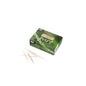 Shown is a green folding box with the inscription "PAPSTAR 'pure'" of PAPSTAR GmbH, containing 1,000 biodegradable wooden toothpicks with a length of 8 cm. Several toothpicks are scattered outside the folding box, which features a bamboo image to emphasize the theme of environmental friendliness.