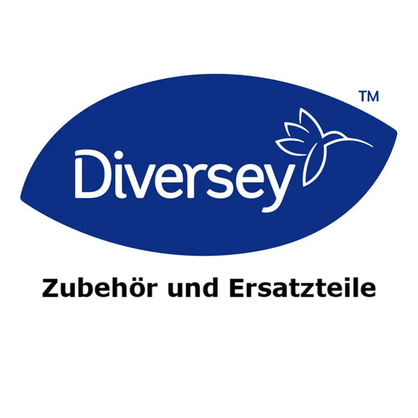 A blue oval shows a stylized bird and "Diversey" in white. Below it appears "Accessories and Spare Parts" - perfect for floor care with the wax brush (43 cm), suitable for TASKI ergodisc 165/duo from Diversey Deutschland GmbH & Co. OHG (1 piece).