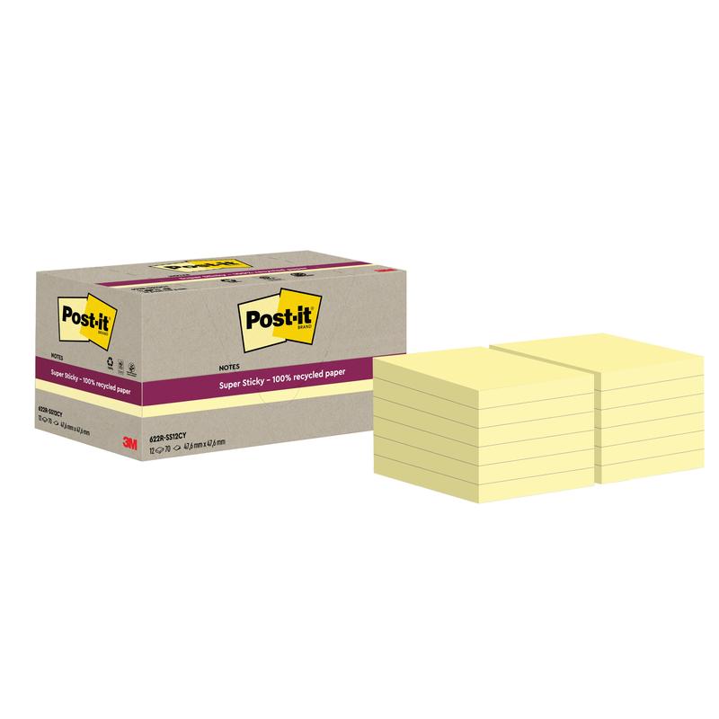 A box labeled "Post-it® Super Sticky 100% Recycled Notes, 47.6 mm x 47.6 mm, 70 sheets/block, 100% PEFC" from 3M Deutschland GmbH stands next to several stacks of yellow square notes.