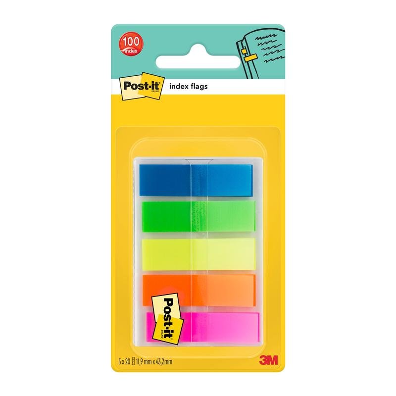 A sealed pack of Post-it® Index Tabs, Mini (11.9 mm x 43.2 mm) from 3M Deutschland GmbH contains 100 colored strips in five stacks, in the colors blue, green, yellow, orange, and pink. The packaging is yellow with product information.
