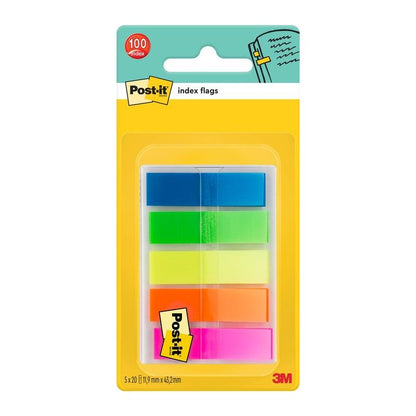 A sealed pack of Post-it® Index Tabs, Mini (11.9 mm x 43.2 mm) from 3M Deutschland GmbH contains 100 colored strips in five stacks, in the colors blue, green, yellow, orange, and pink. The packaging is yellow with product information.
