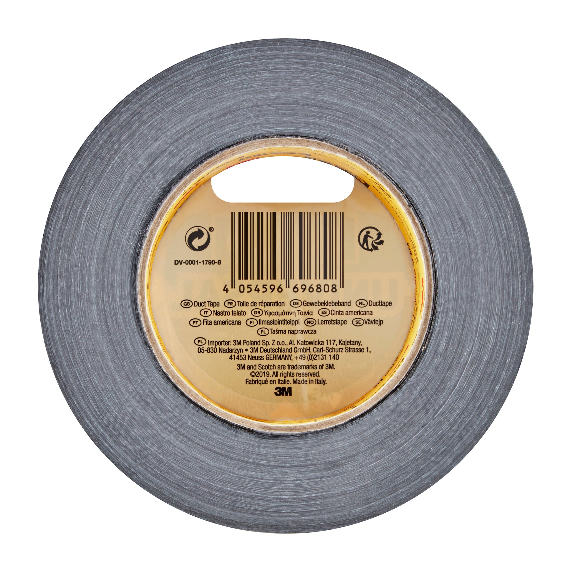 Eine Rolle Scotch® Universal Klebeband 2904 von 3M Deutschland GmbH, 50 m x 48 mm, in der Draufsicht mit kreisrunder Form, innerem Pappkern mit Barcode und Produktinformation auf dem Etikett.