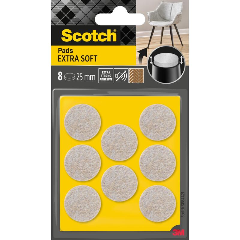 A pack of 3M Scotch® Extra Soft Felt Pads, self-adhesive, beige, contains 8 round pads (each 25 mm) on yellow packaging. The pack features extra strong adhesive and is designed for use on furniture.