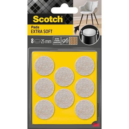 A pack of 3M Scotch® Extra Soft Felt Pads, self-adhesive, beige, contains 8 round pads (each 25 mm) on yellow packaging. The pack features extra strong adhesive and is designed for use on furniture.