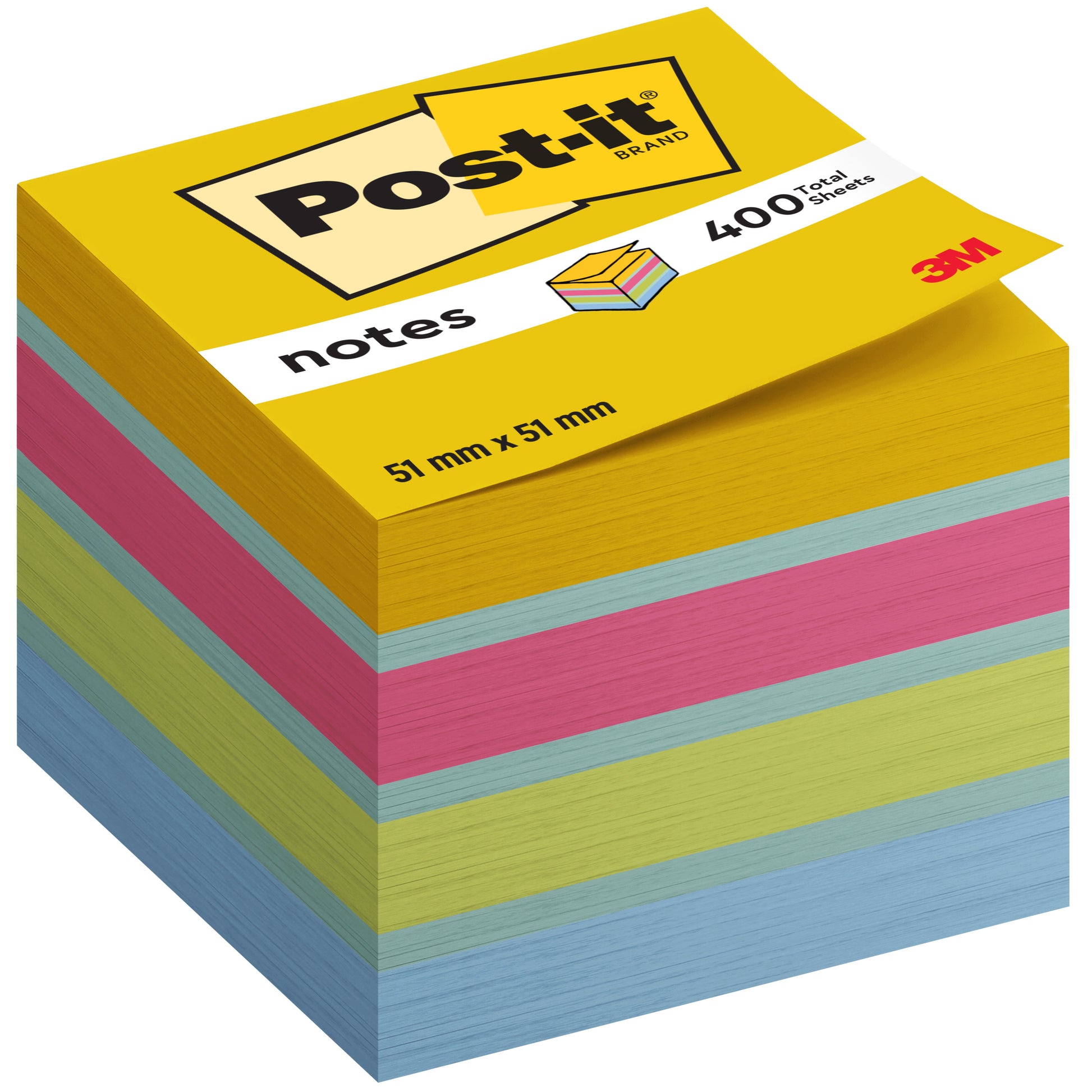 Ein Stapel Post-it® Notes Mini Würfel in gelb, rosa, grün und blau (51 mm x 51 mm, 400 Blatt/Block, 100% PEFC) der 3M Deutschland GmbH; auf der Verpackung sind "Post-it Brand", "notes" und das rote 3M Logo abgebildet.