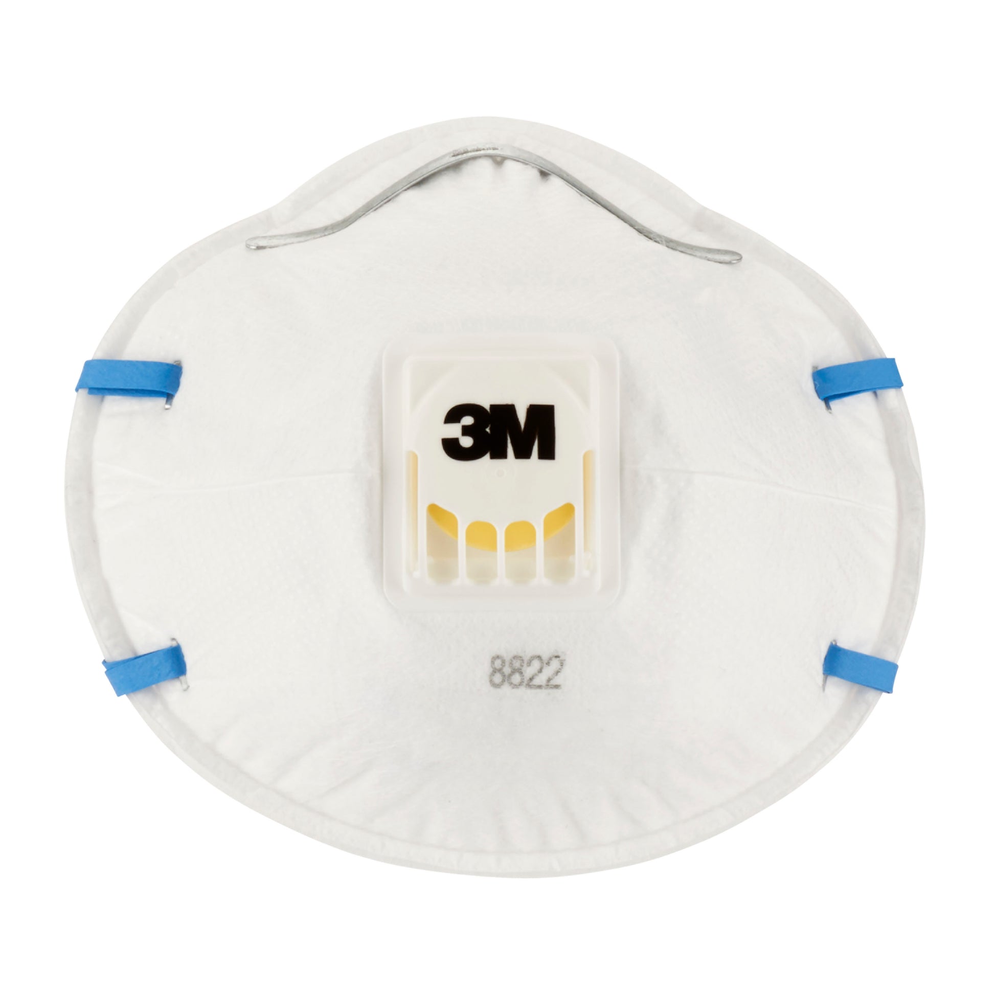 Vorderansicht der 3M™ Cool Flow™ Partikelmaske 8822 FFP2 von 3M Deutschland GmbH, einer weißen Einweg-Atemschutzmaske mit zentralem Ausatemventil, blauen Bändern und der Aufschrift "8822" unterhalb des Ventils.