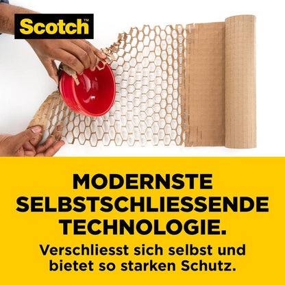 A person wraps a red bowl, a delicate item, in Scotch™ Cushion Lock™ protective packaging (30.4 cm x 9.14 m) from 3M Deutschland GmbH. Below is a text about the self-closing technology and strong protection; the Scotch logo is at the top left.