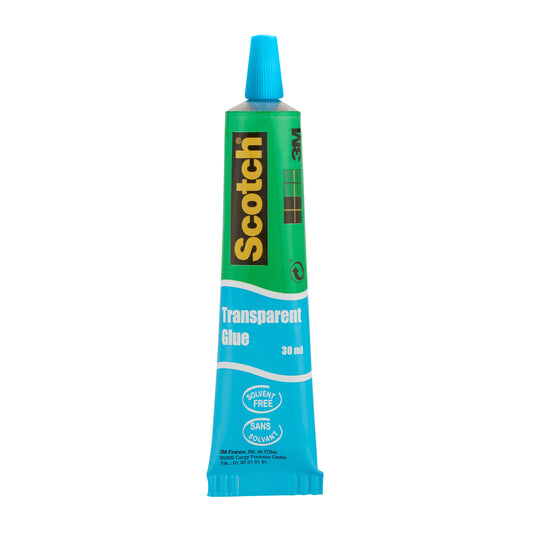 Eine 30-ml-Tube Scotch® transparenter lösemittelfreier Kleber für den Haushalt von 3M Deutschland GmbH, blauer Verschluss und blaugrüne Verpackung, beschriftet mit "Solvent Free" und "Sans Solvant", steht aufrecht vor weißem Hintergrund.
