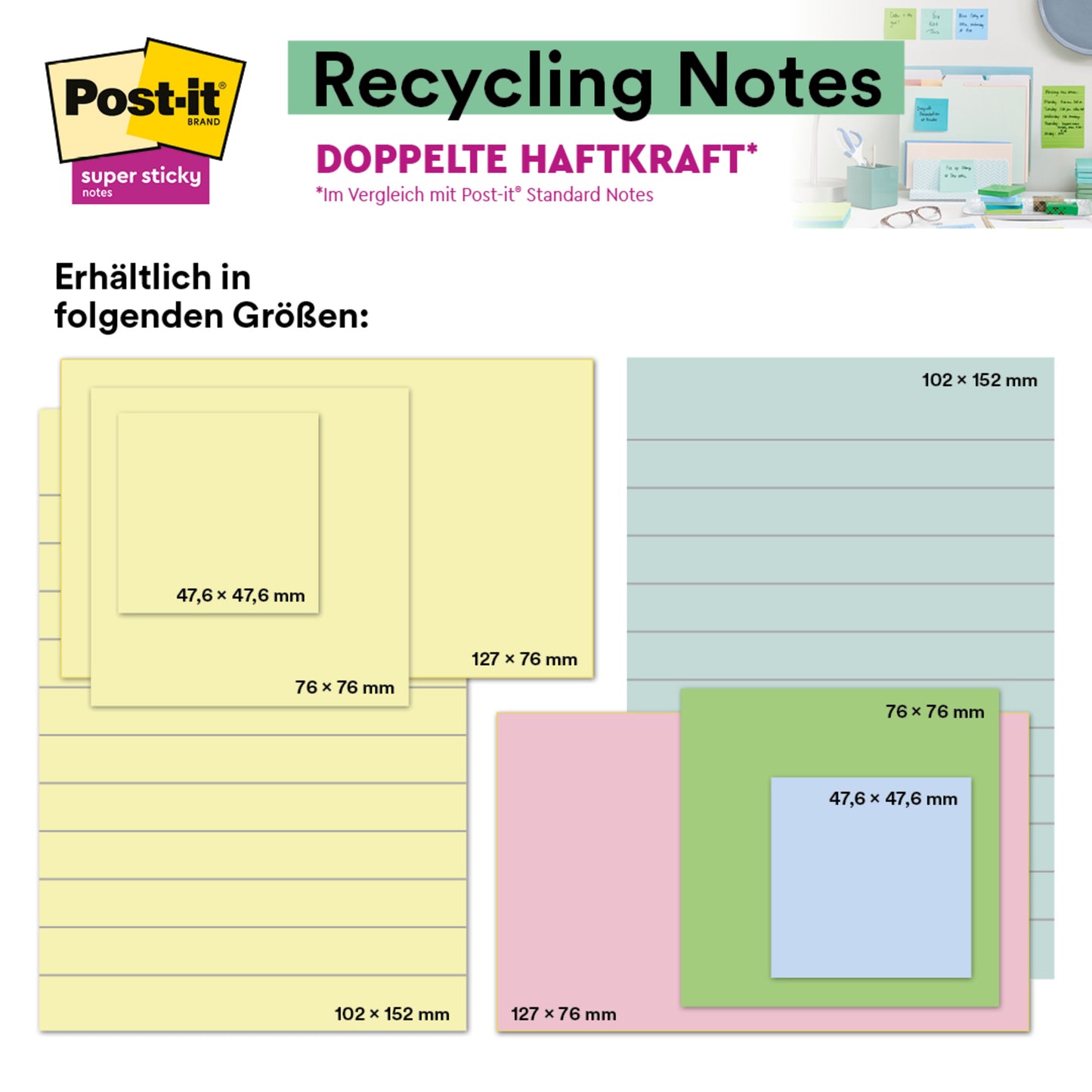 The Post-it® Super Sticky 100% Recycled Notes, Yellow, lined, 102 x 152 mm (45 sheets/block, 4 blocks/pack), PEFC-certified (SGSCH-PEFC-COC-110078) from 3M Deutschland GmbH are depicted on a card with dimensions in German and English.