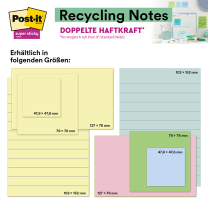 The Post-it® Super Sticky 100% Recycled Notes, Yellow, lined, 102 x 152 mm (45 sheets/block, 4 blocks/pack), PEFC-certified (SGSCH-PEFC-COC-110078) from 3M Deutschland GmbH are depicted on a card with dimensions in German and English.