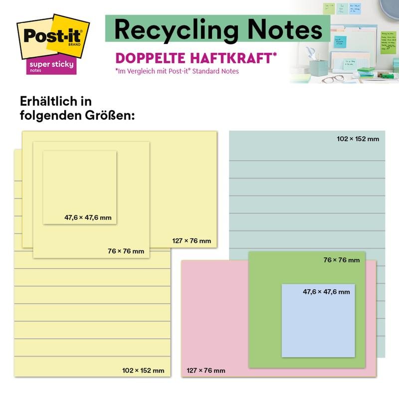 A graphic shows the Post-it® Super Sticky 100% Recycled Notes from 3M Deutschland GmbH (102 mm x 152 mm, lined, various colors, 45 sheets/pad, 4 pads/pack) with a note on PEFC-certified paper and extra strong adhesion.