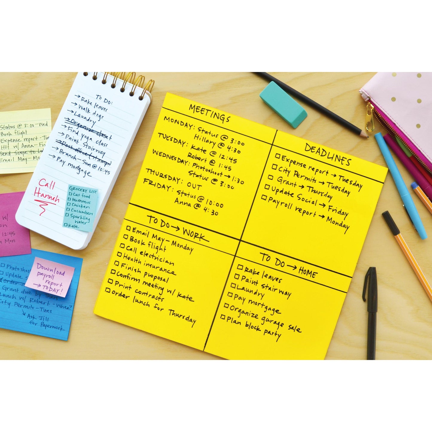 A 3M Post-it® Super Sticky Big Note (279 x 279 mm, yellow, 30 sheets, PEFC-certified) lies with four sections - Meetings, Deadlines, To Do-Work, and To Do-Home - among stationery on a wooden desk.