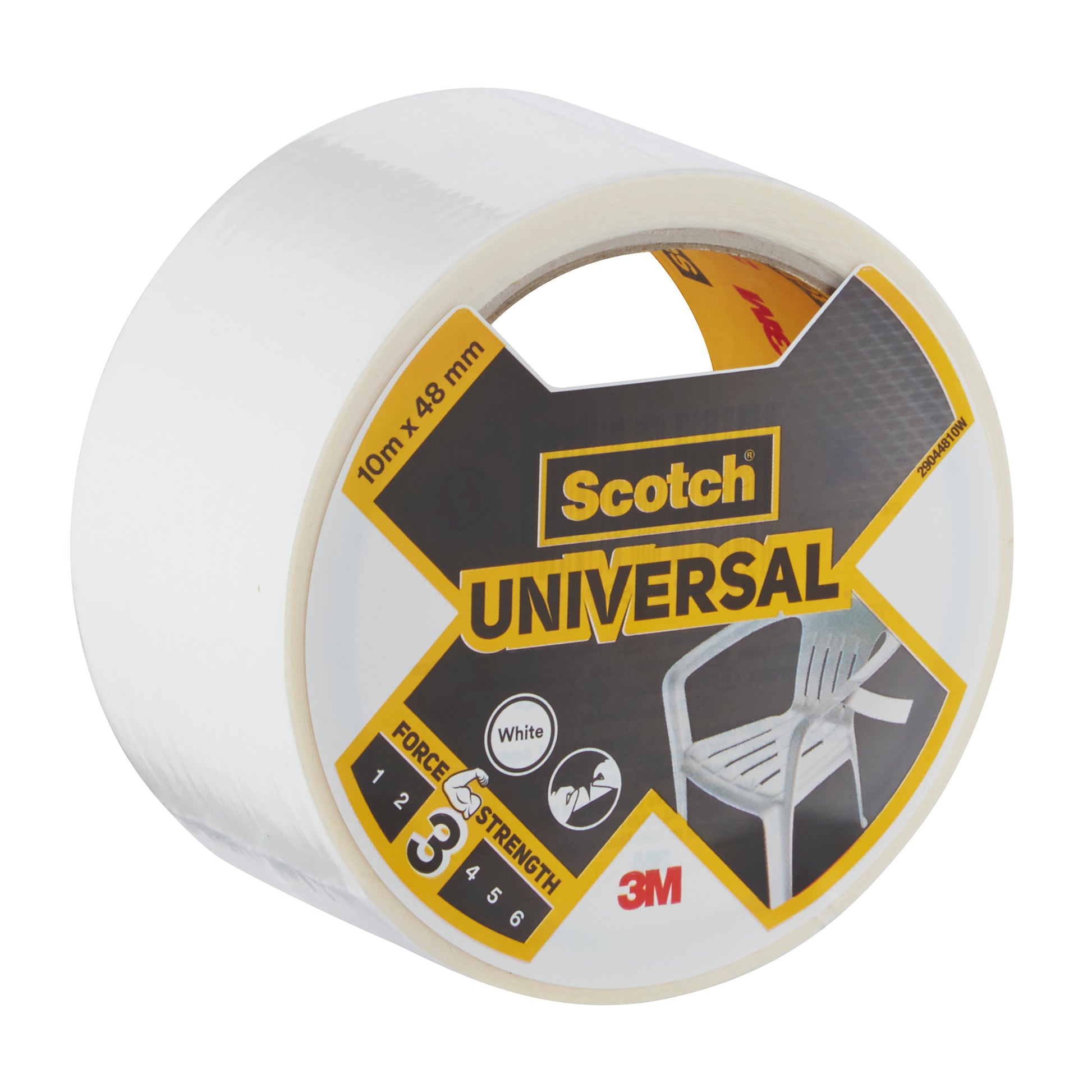 Eine Rolle Scotch® Universal Klebeband 2904, 10 m x 48 mm der 3M Deutschland GmbH trägt ein weißes Etikett mit der Kraftstärke 3 und der Abbildung eines weißen Kunststoffstuhls auf der Vorderseite.