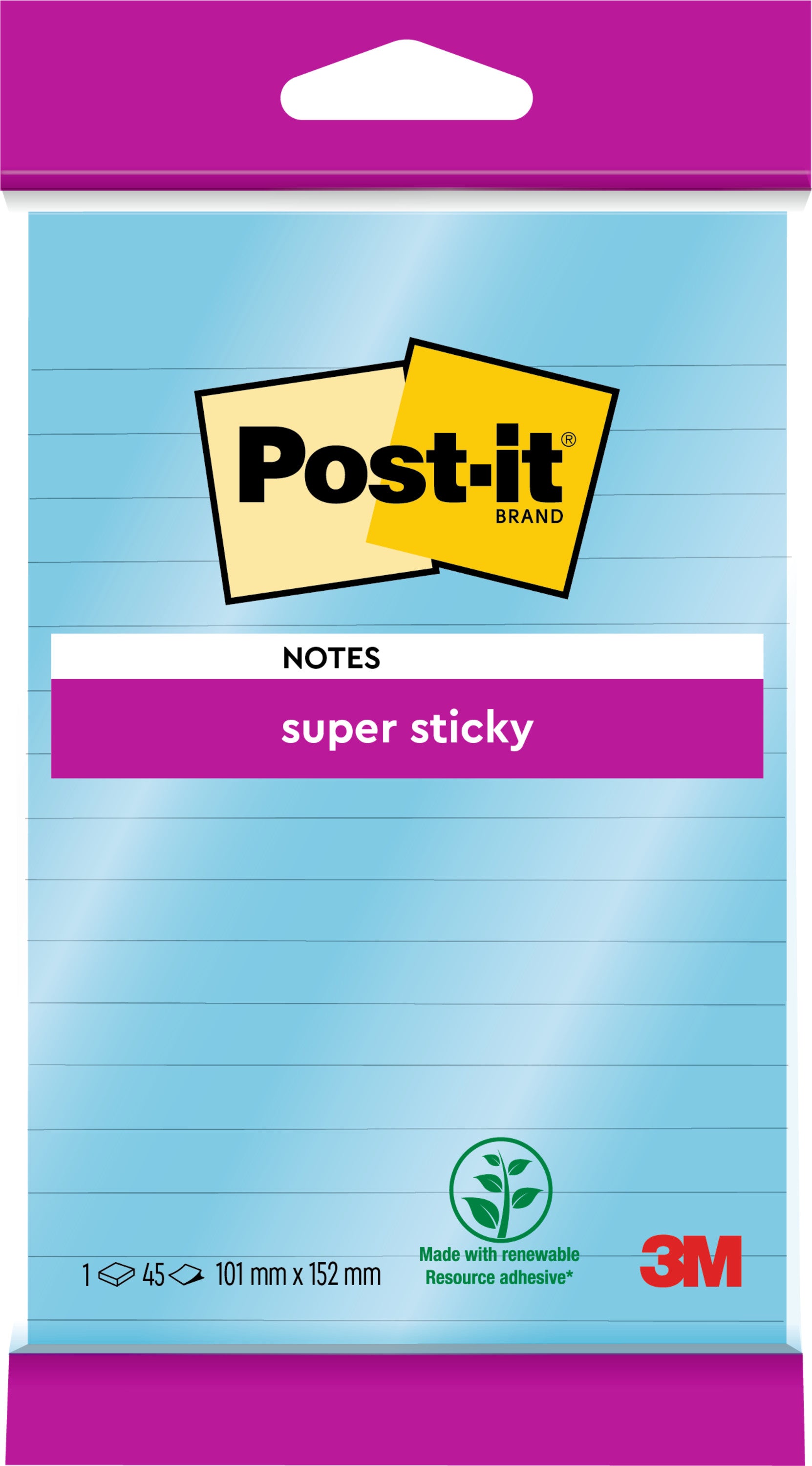 Eine Packung Post-it® Super Sticky Notes im Großformat, liniert, 102 mm x 152 mm, 45 Blatt/Block, von 3M Deutschland GmbH, mit extra starkem Halt und 100% PEFC-Siegel auf der Verpackung.