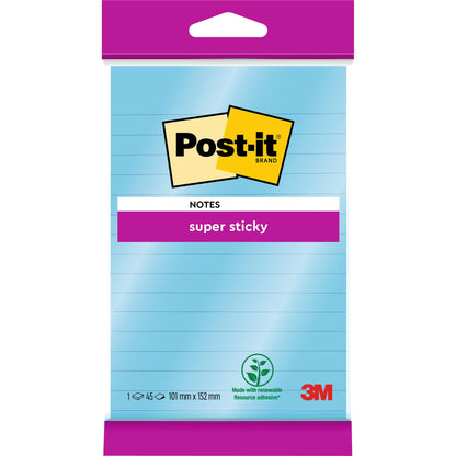 Eine Packung Post-it® Super Sticky Notes im Großformat, liniert, 102 mm x 152 mm, 45 Blatt/Block, von 3M Deutschland GmbH, mit extra starkem Halt und 100% PEFC-Siegel auf der Verpackung.