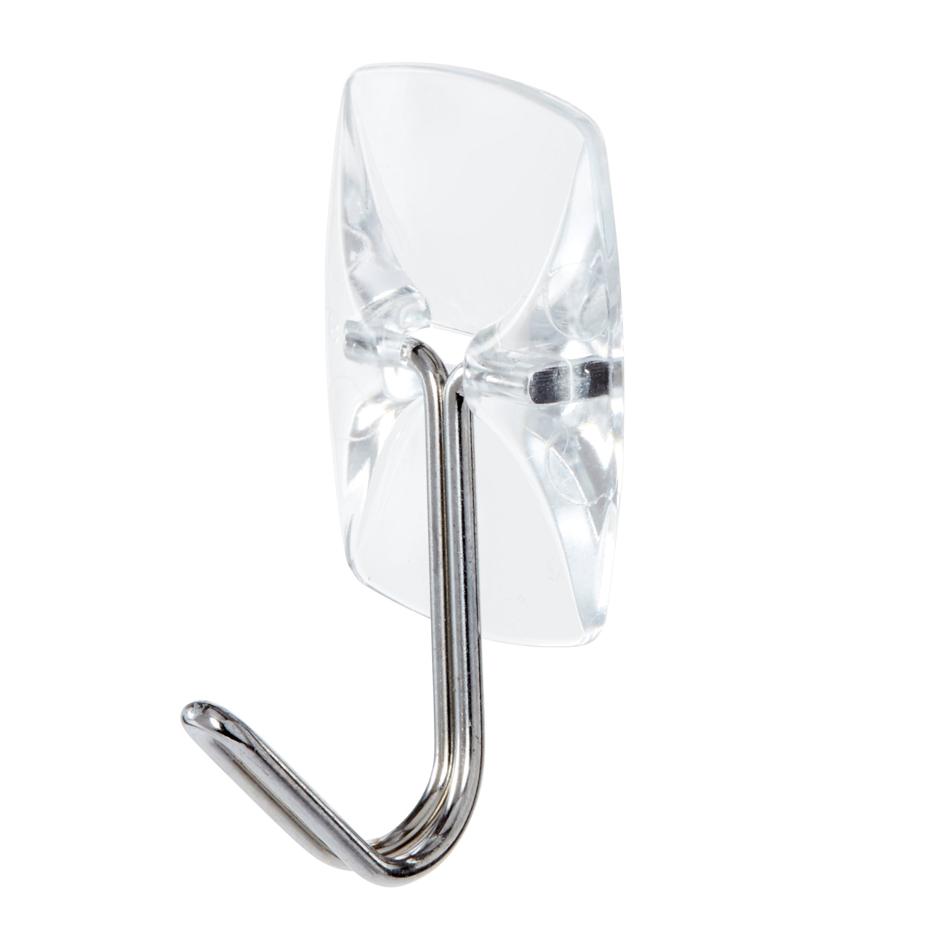 Der Command™ Drahthaken, klein, transparent von 3M Deutschland GmbH ist ein transparenter Wandhaken mit rechteckiger Kunststoffbasis und einem einzelnen nach unten gebogenen Metallhaken.