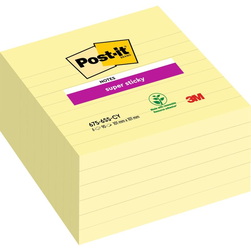 A stack of Post-it® Super Sticky Notes in large format (101 mm x 101 mm, 90 sheets/block, 100% PEFC) from 3M Deutschland GmbH, with yellow lined sheets and logos.