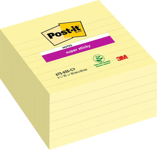 Ein Stapel Post-it® Super Sticky Notes im Großformat (101 mm x 101 mm, 90 Blatt/Block, 100% PEFC) der 3M Deutschland GmbH, mit gelben linierten Blättern und Logos.