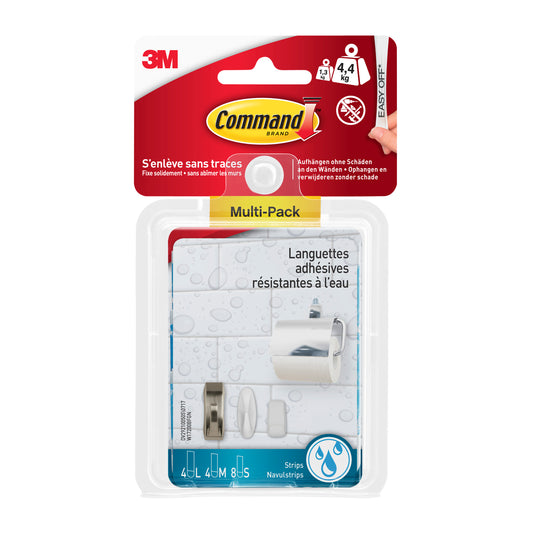 Vorderansicht von 3M Deutschland GmbH Command™ Wasserresistente Strips Multipack (8×S, 4×M, 4×L) in durchsichtiger Verpackung, beschriftet in französischer Sprache. Entwickelt für beschädigungsfreies Aufhängen und Wasserresistenz.