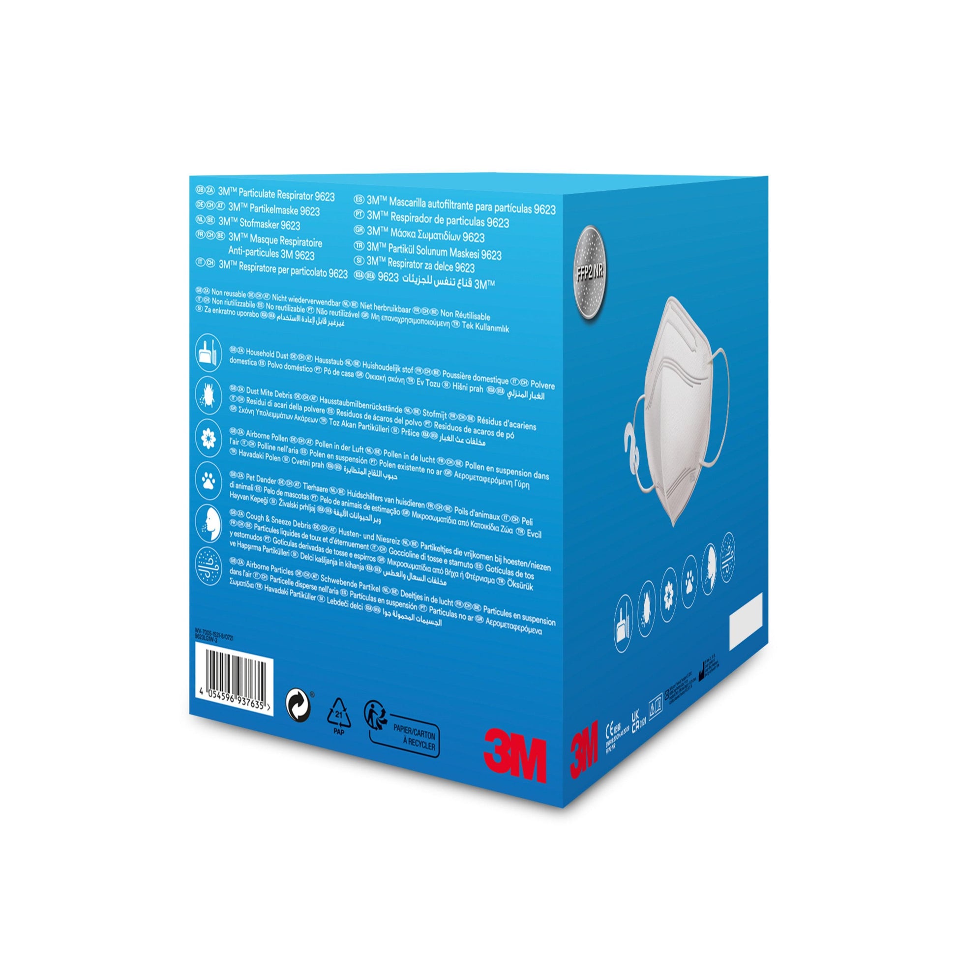 Abgebildet ist eine blaue Schachtel der 3M™ Partikelmaske 9623 (3/Packung | 1 Stück) von 3M Deutschland GmbH mit mehrsprachigen Informationen, Sicherheitssymbolen, einem Barcode, einer Maskenabbildung und dem 3M-Logo in der unteren Ecke.