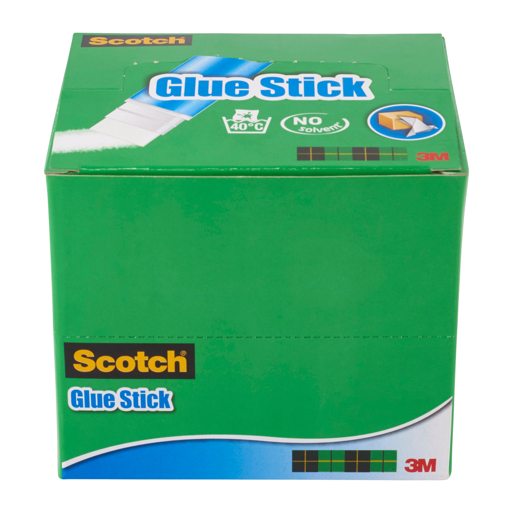 Eine grüne Pappschachtel Scotch® Permanent-Klebestift, 8 g von 3M Deutschland GmbH zeigt das Produktbranding, Temperatur- und Lösemittelfrei-Symbole sowie ein blau-weißes Etikett auf der Vorder- und Oberseite.