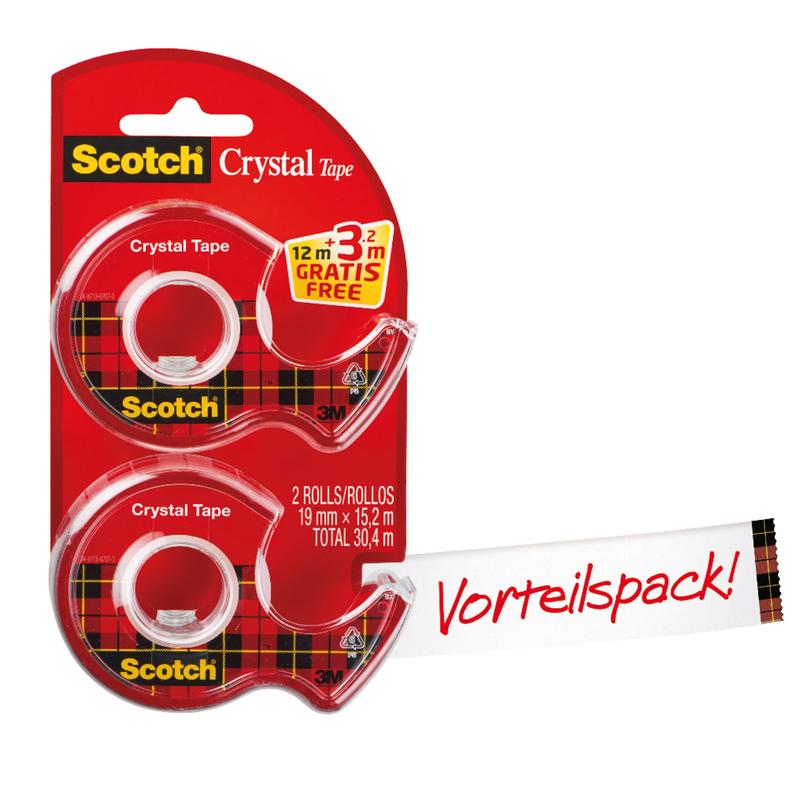 A pack with two 3M Scotch® Crystal Tape rolls (19 mm x 12 m) on dispensers plus 3.2 m free, labeled with "Value Pack!" and product information from 3M Deutschland GmbH.