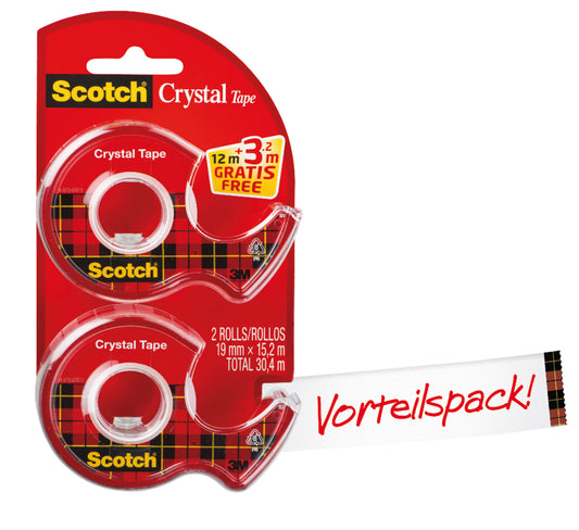 Die rot-karierte Packung enthält zwei Rollen Scotch® Crystal Klebeband (19 mm x 12 m) auf Abrollern sowie 3,2 m Zusatzband. Aufgeklebt sind "Vorteilspack!" und "3 m gratis". Marke: 3M Deutschland GmbH.