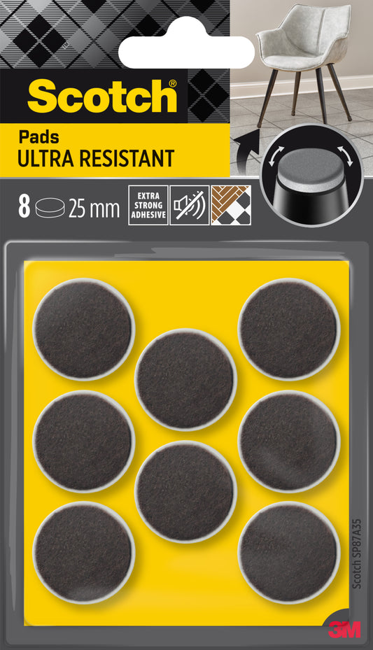 Die Scotch® Extrembeständigen Filzpads SP87A35 von 3M Deutschland GmbH sind in einer Packung mit 8 selbstklebenden grau/weißen Pads, Ø 25 mm, in zwei Reihen angeordnet; die Verpackung ist oben rechts mit Stuhl- und Padabbildungen versehen.