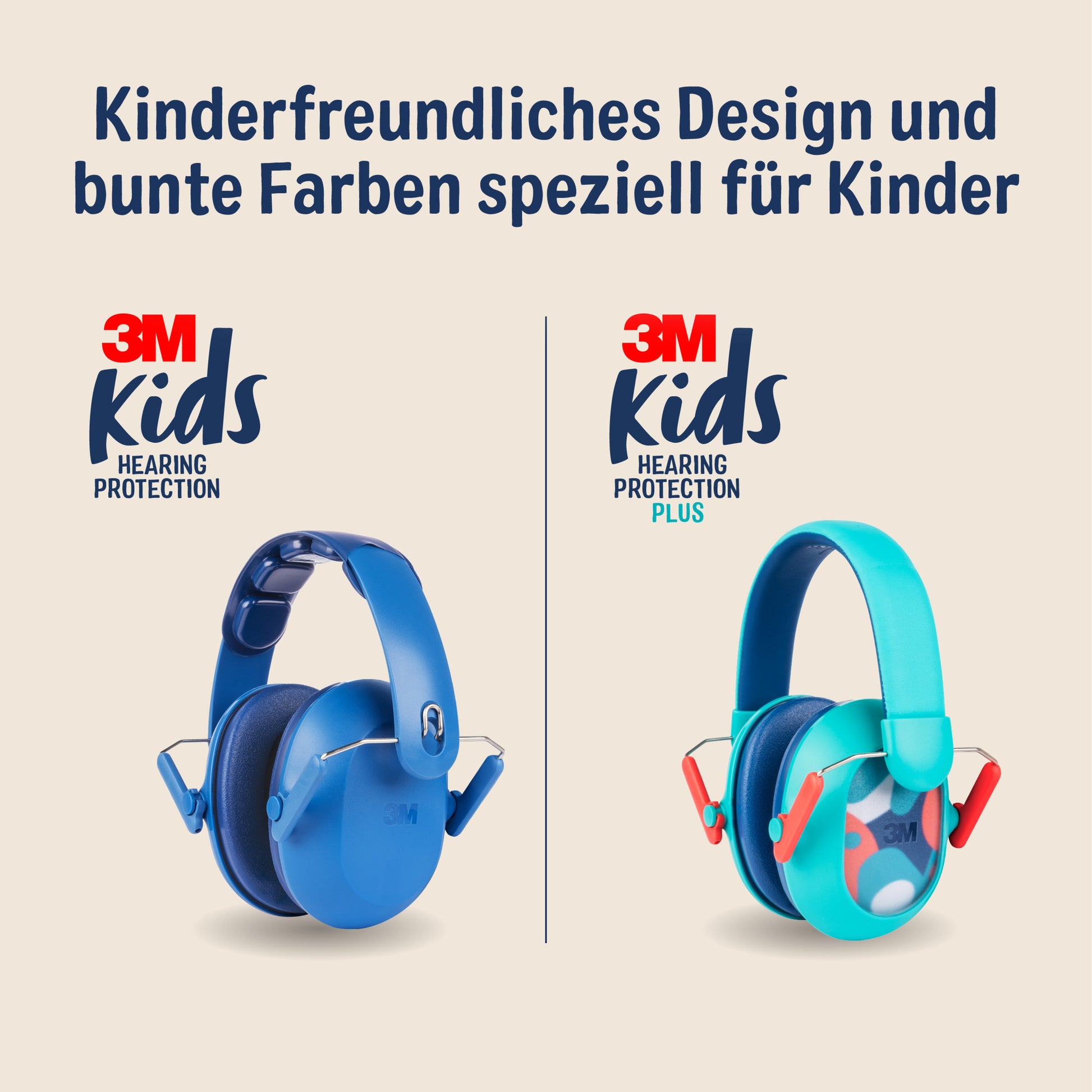 Der 3M™ Gehörschutz für Kinder PKIDSP-TEAL-E (türkis, 87-98 dB) von 3M Deutschland GmbH ist auf einem beigen Hintergrund abgebildet und besteht aus einem einfarbig blauen und einem blauen Paar mit farbigen Akzenten. Der deutsche Text unterstreicht das kinderfreundliche Design.