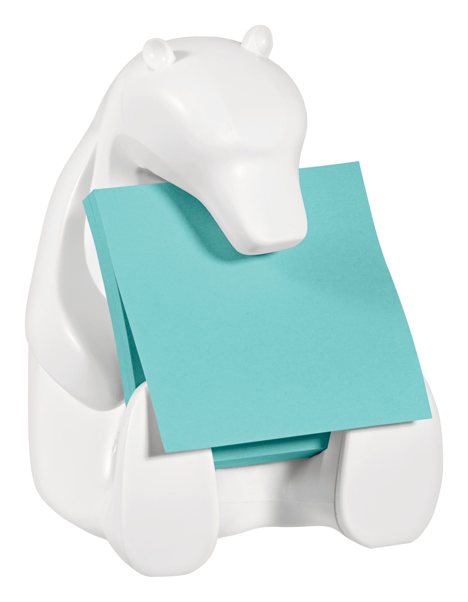 Der weiße Post-it® Z-Notes Dispenser in Bärenform von 3M Deutschland GmbH hält blaue, quadratische Super Sticky Z-Notes (76 x 76 mm) an seiner Brust; jede Packung enthält 2 Blöcke mit je 45 Blatt.